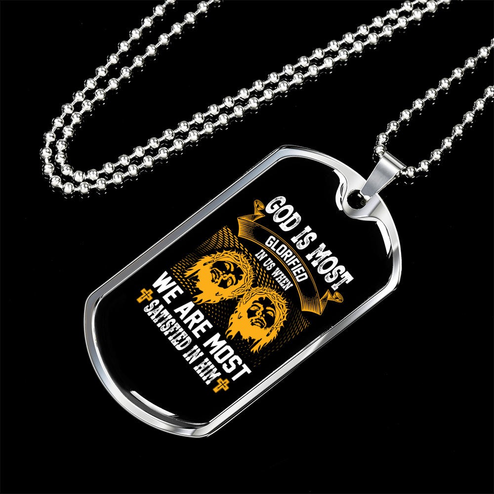 Satisfied In Him Christian Necklace Stainless Steel or 18k Gold Dog Tag 24" Chain-Express Your Love Gifts