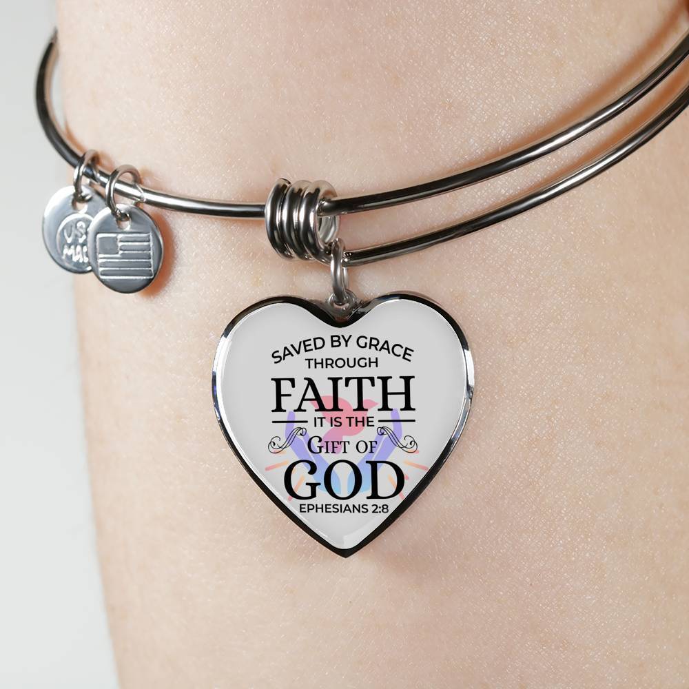 Saved by Grace Christian Bracelet Grace & Faith Stainless Steel or 18k Gold Heart Bangle - Express Your Love Gifts