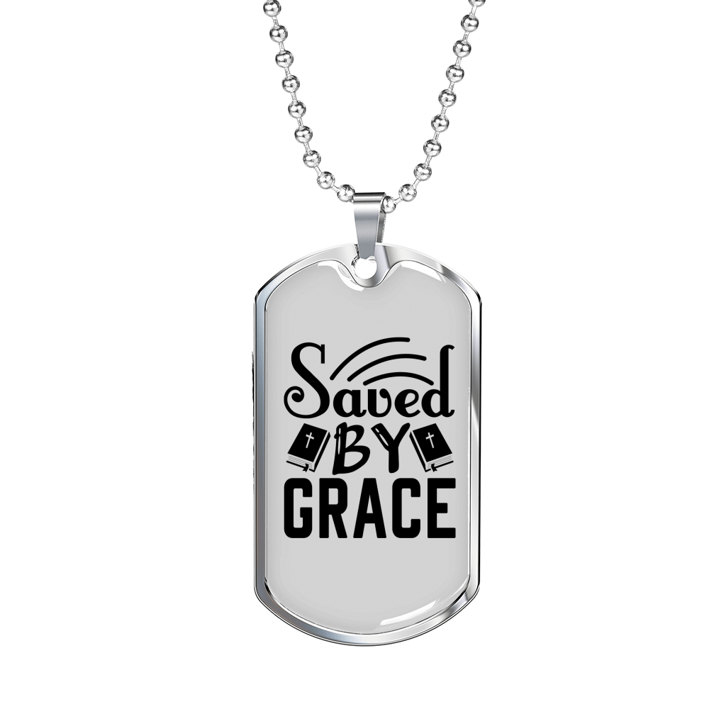 Saved By Grace Christian Necklace Stainless Steel or 18k Gold Dog Tag 24" Chain-Express Your Love Gifts