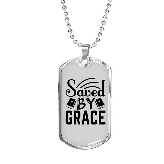 Saved By Grace Christian Necklace Stainless Steel or 18k Gold Dog Tag 24" Chain-Express Your Love Gifts