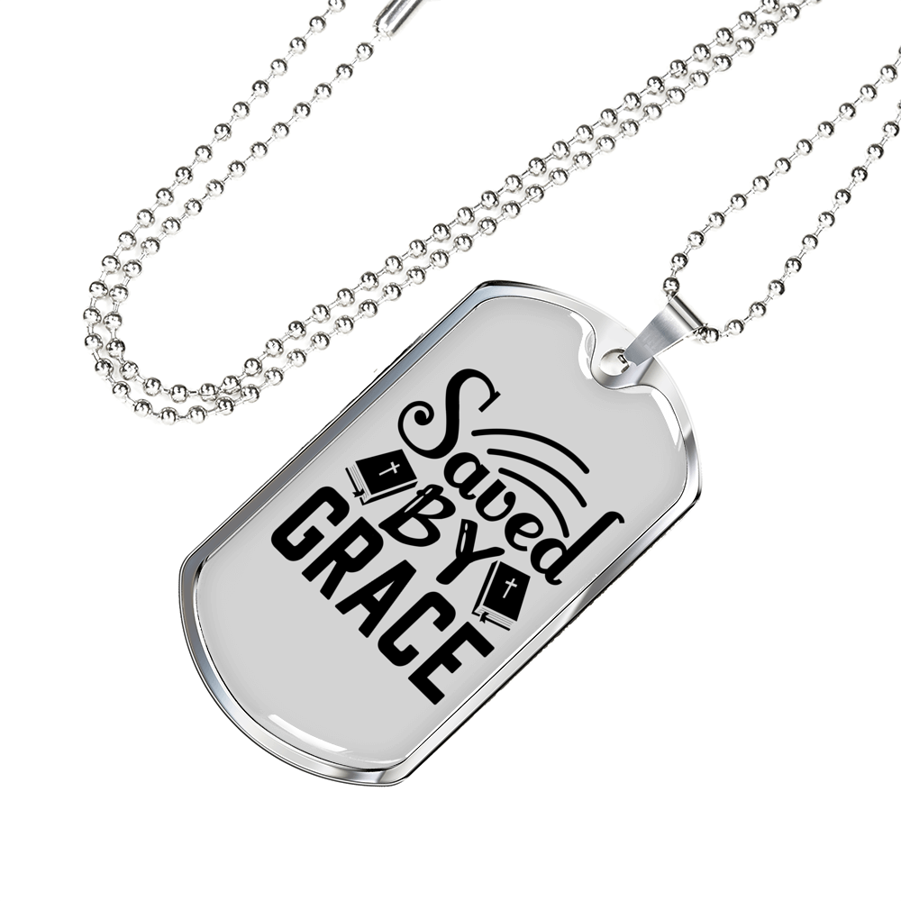 Saved By Grace Christian Necklace Stainless Steel or 18k Gold Dog Tag 24" Chain-Express Your Love Gifts