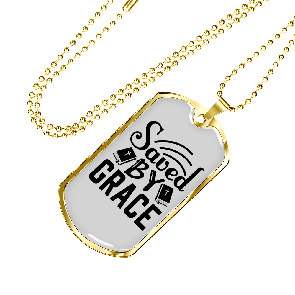 Saved By Grace Christian Necklace Stainless Steel or 18k Gold Dog Tag 24" Chain-Express Your Love Gifts