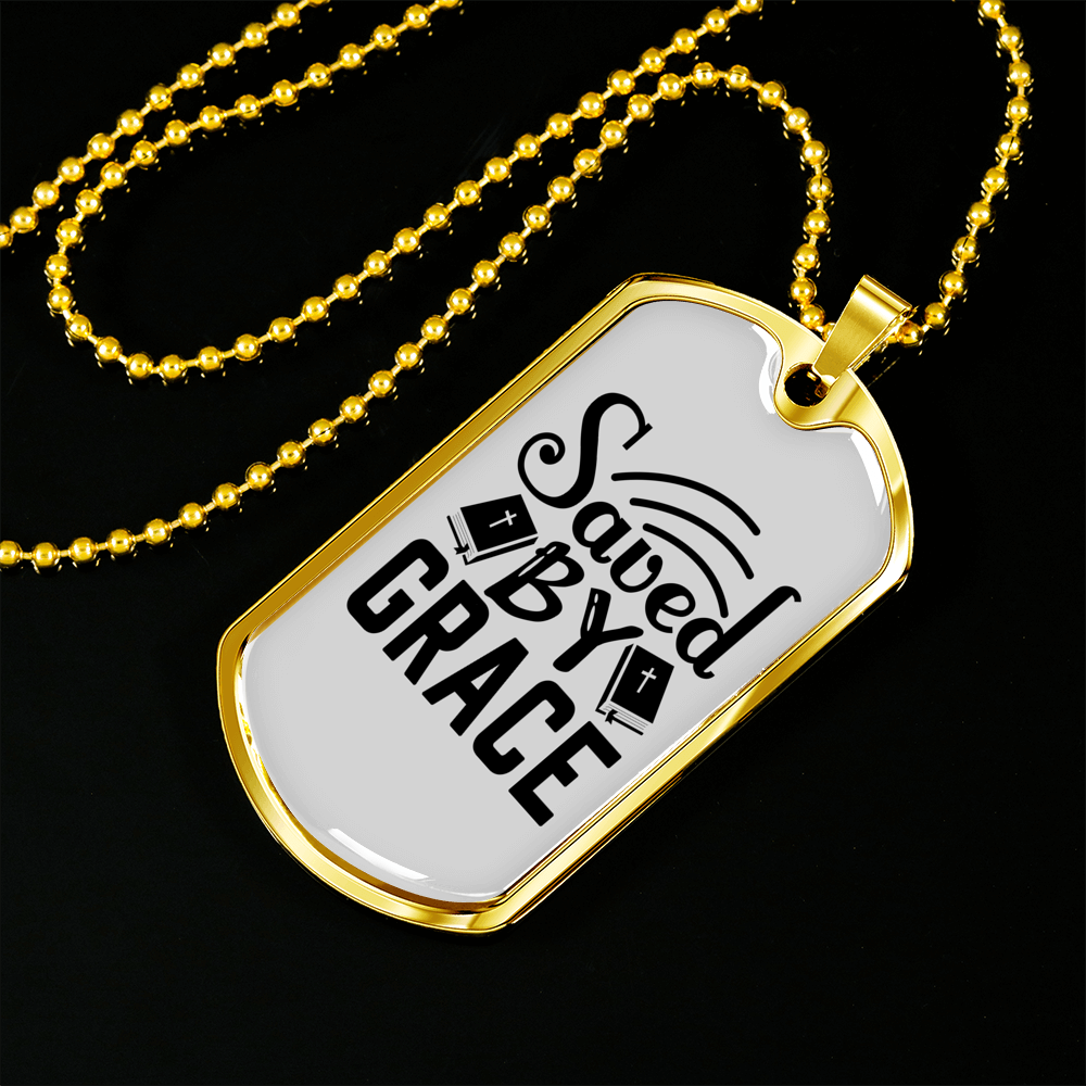 Saved By Grace Christian Necklace Stainless Steel or 18k Gold Dog Tag 24" Chain-Express Your Love Gifts