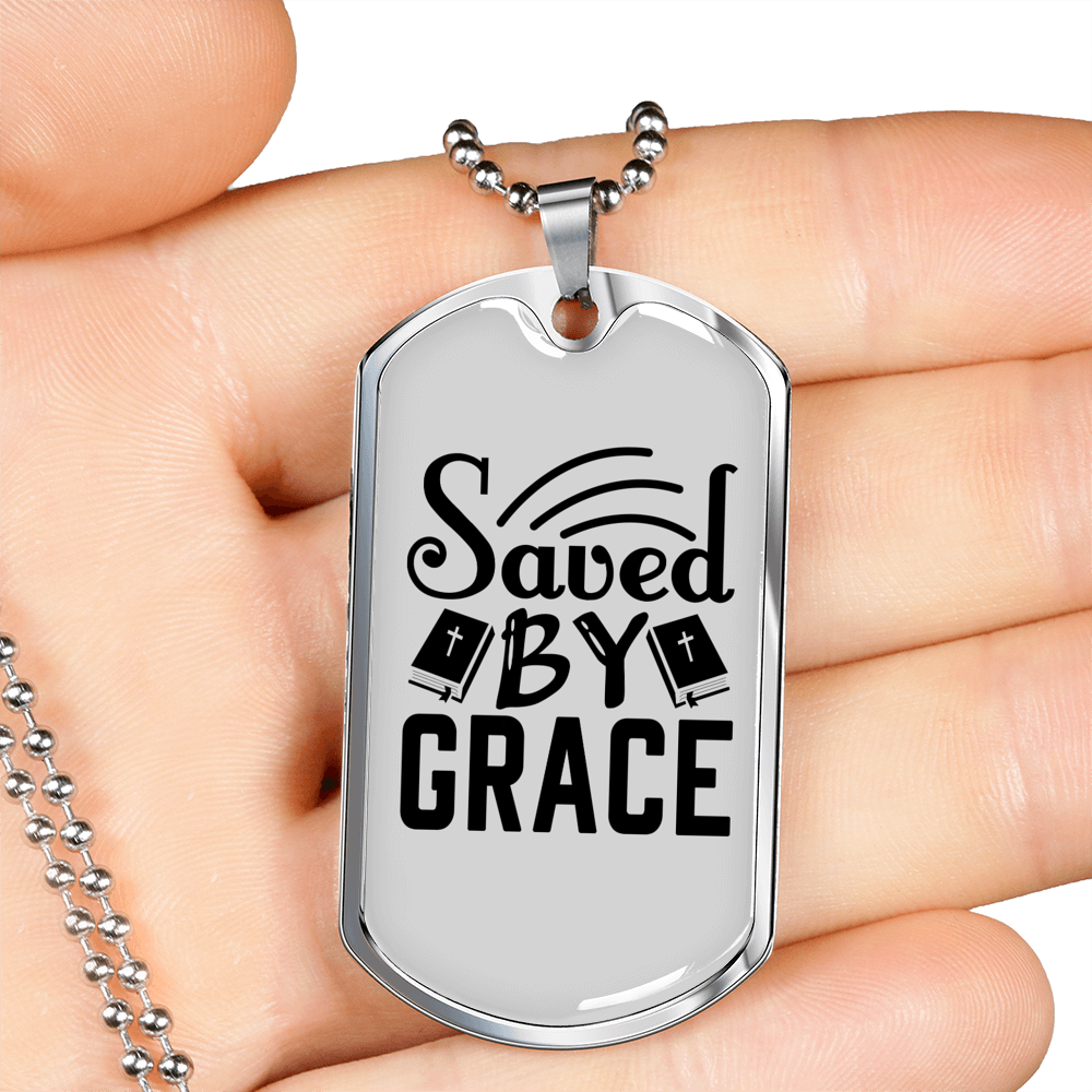 Saved By Grace Christian Necklace Stainless Steel or 18k Gold Dog Tag 24" Chain-Express Your Love Gifts