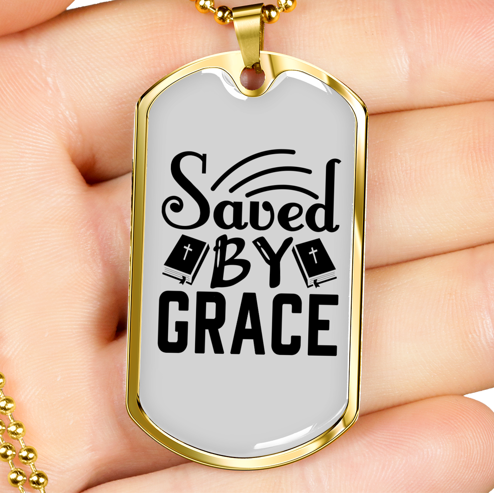 Saved By Grace Christian Necklace Stainless Steel or 18k Gold Dog Tag 24" Chain-Express Your Love Gifts