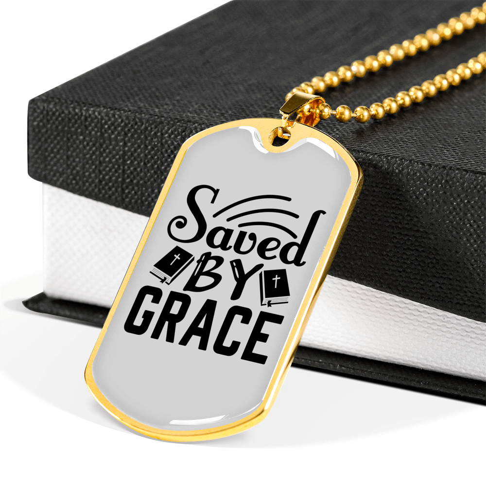 Saved By Grace Christian Necklace Stainless Steel or 18k Gold Dog Tag 24" Chain-Express Your Love Gifts