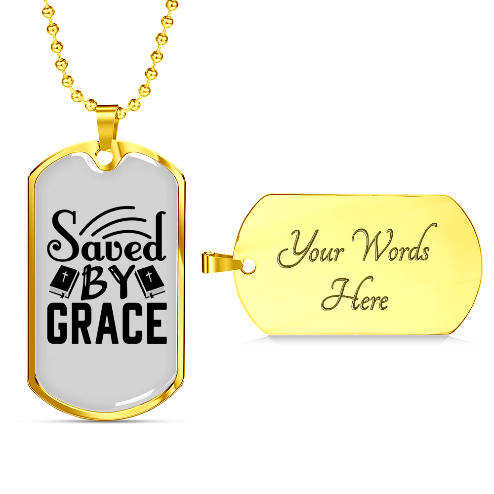 Saved By Grace Christian Necklace Stainless Steel or 18k Gold Dog Tag 24" Chain-Express Your Love Gifts