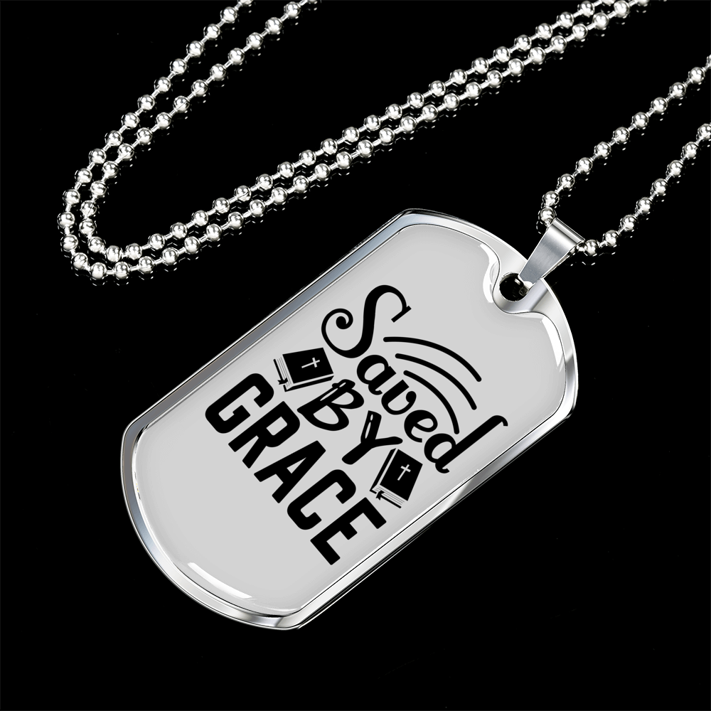 Saved By Grace Christian Necklace Stainless Steel or 18k Gold Dog Tag 24" Chain-Express Your Love Gifts