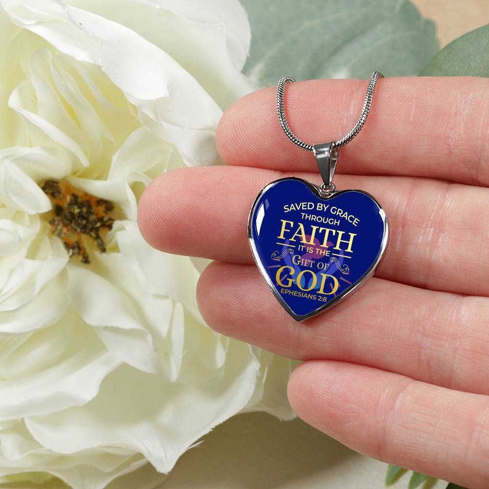 Saved By Grace Ephesians 2:8 Necklace Stainless Steel or 18k Gold Heart Pendant 18-22" - Express Your Love Gifts