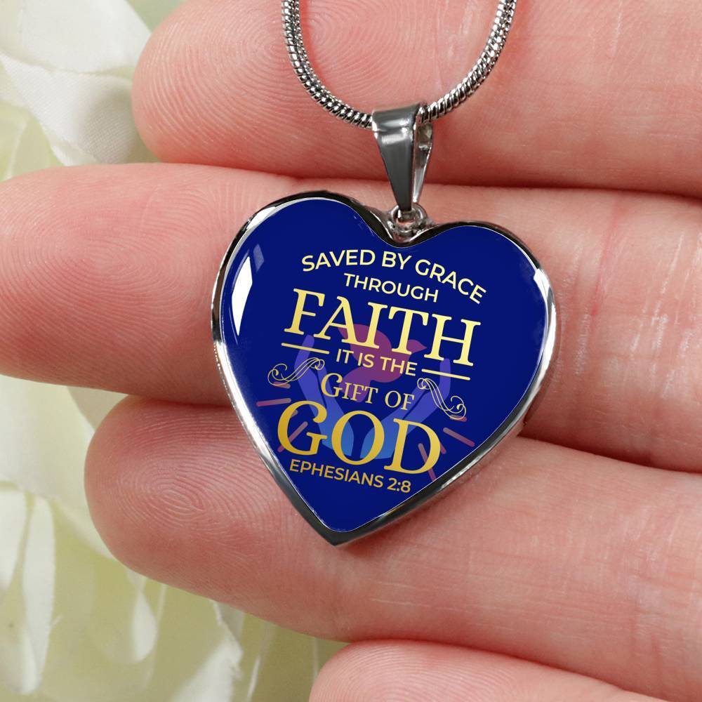 Saved By Grace Ephesians 2:8 Necklace Stainless Steel or 18k Gold Heart Pendant 18-22" - Express Your Love Gifts