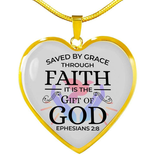 Saved by Grace Ephesians 2:8 Necklace Stainless Steel or 18k Gold Heart Pendant 18-22" - Express Your Love Gifts