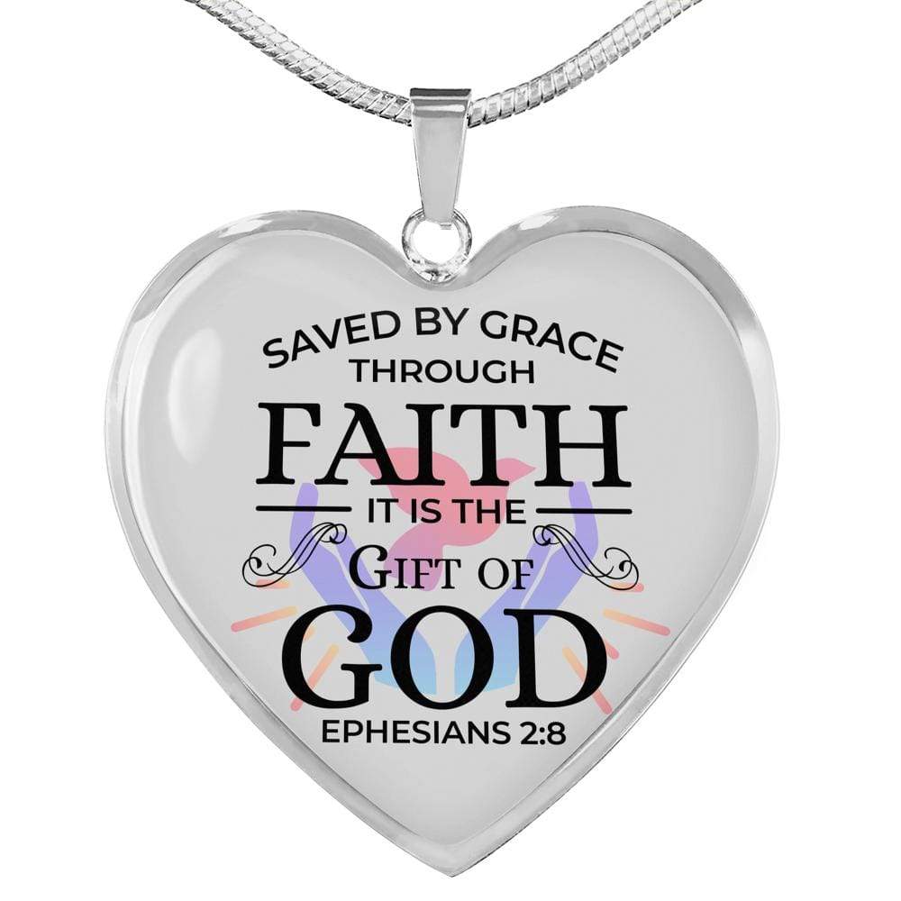 Saved by Grace Ephesians 2:8 Necklace Stainless Steel or 18k Gold Heart Pendant 18-22"