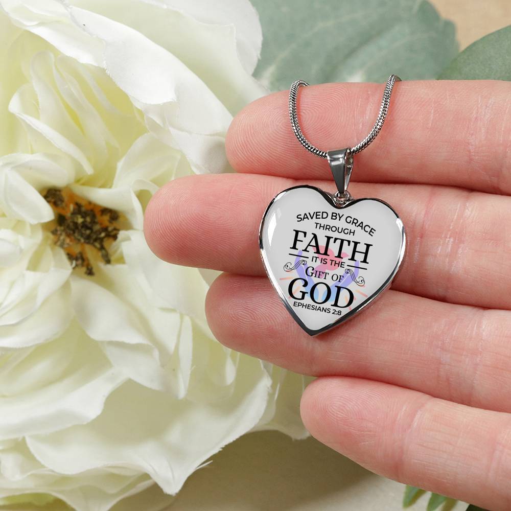 Saved by Grace Ephesians 2:8 Necklace Stainless Steel or 18k Gold Heart Pendant 18-22" - Express Your Love Gifts