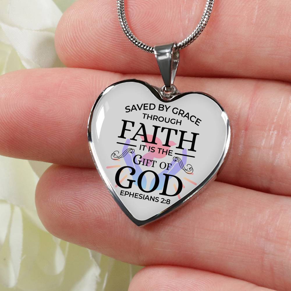 Saved by Grace Ephesians 2:8 Necklace Stainless Steel or 18k Gold Heart Pendant 18-22" - Express Your Love Gifts