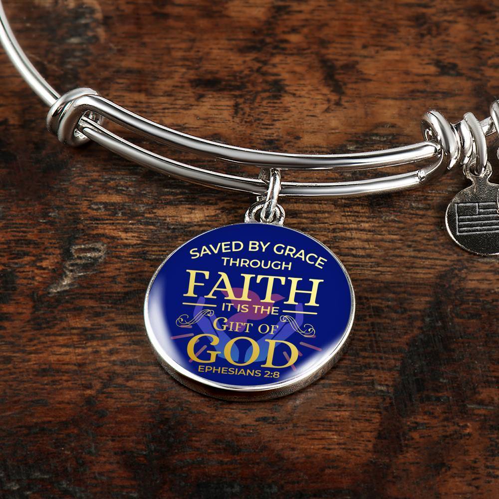 Saved By Grace Ephesians 2:8 Stainless Steel or 18k Gold Circle Bangle Bracelet - Express Your Love Gifts