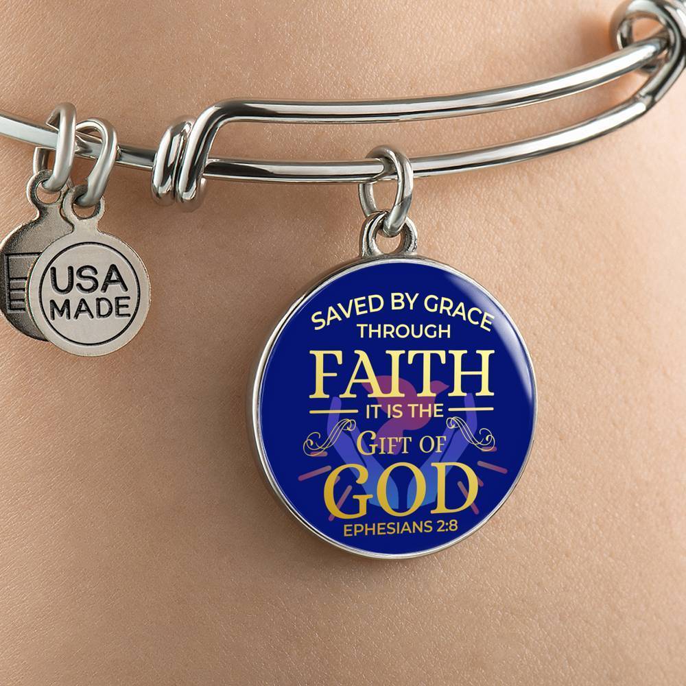 Saved By Grace Ephesians 2:8 Stainless Steel or 18k Gold Circle Bangle Bracelet - Express Your Love Gifts