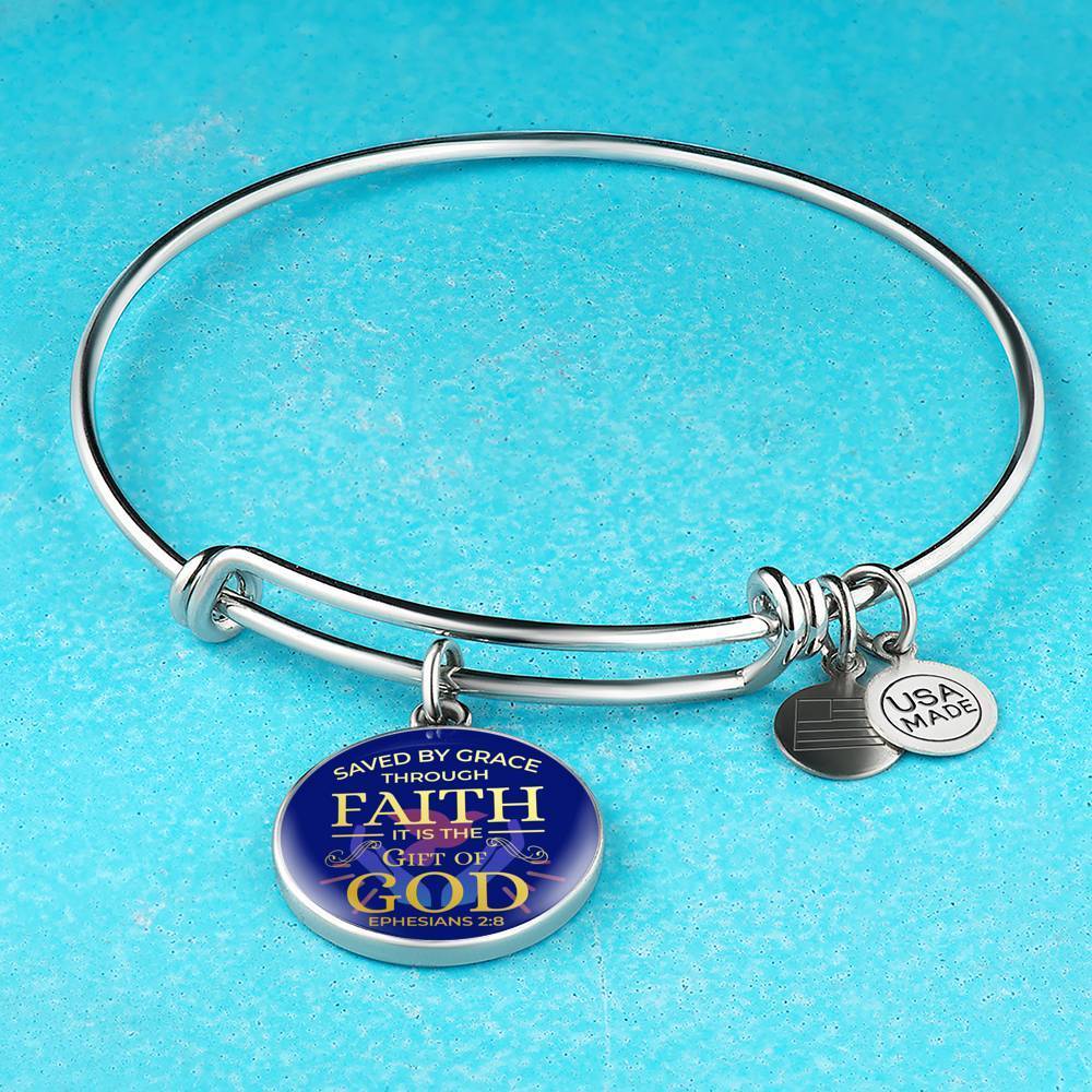 Saved By Grace Ephesians 2:8 Stainless Steel or 18k Gold Circle Bangle Bracelet - Express Your Love Gifts
