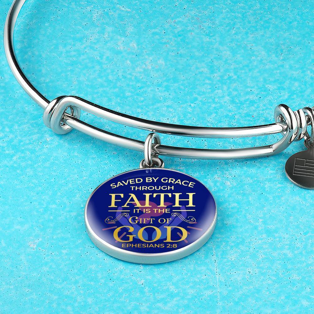 Saved By Grace Ephesians 2:8 Stainless Steel or 18k Gold Circle Bangle Bracelet - Express Your Love Gifts