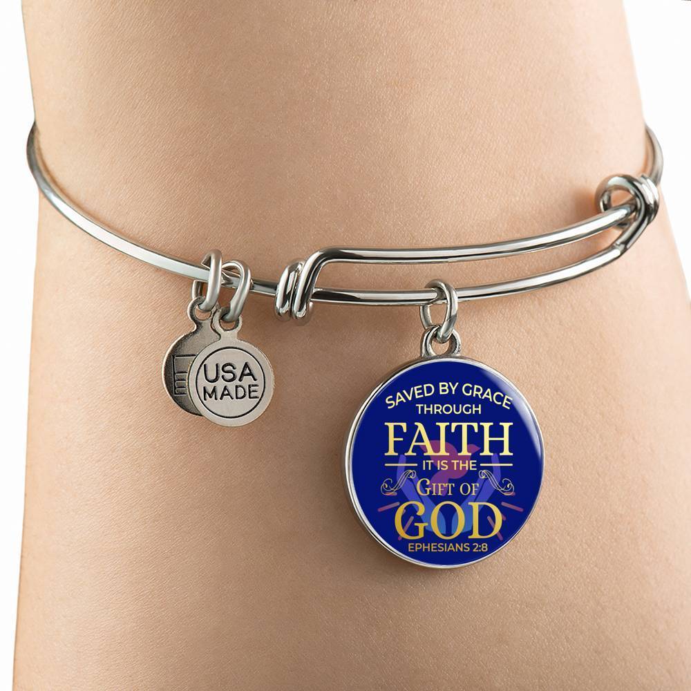 Saved By Grace Ephesians 2:8 Stainless Steel or 18k Gold Circle Bangle Bracelet - Express Your Love Gifts