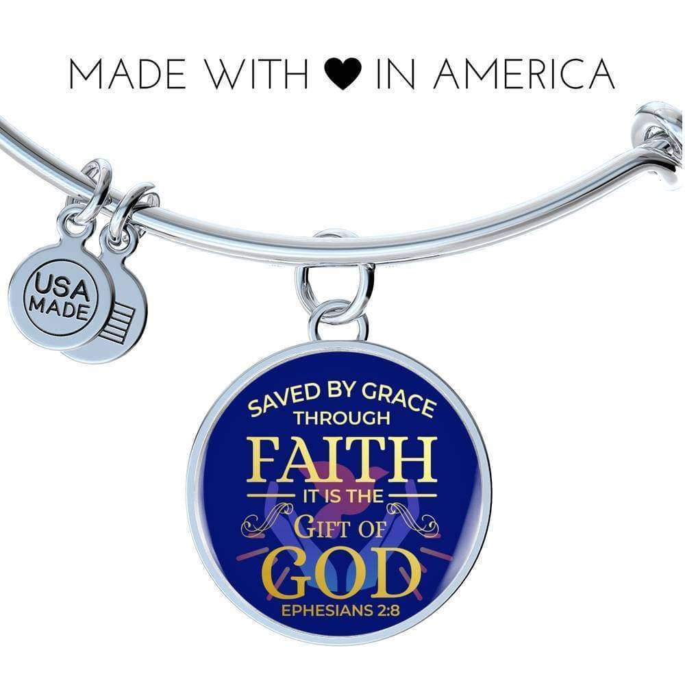 Saved By Grace Ephesians 2:8 Stainless Steel or 18k Gold Circle Bangle Bracelet - Express Your Love Gifts