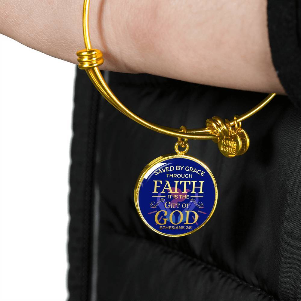 Saved By Grace Ephesians 2:8 Stainless Steel or 18k Gold Circle Bangle Bracelet - Express Your Love Gifts