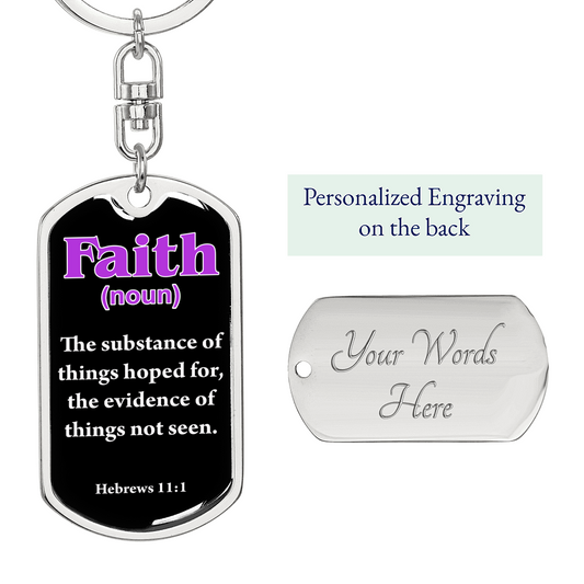 Scripture Necklace Faith Defined Hebrews Purple Swivel Keychain Dog Tag Stainless Steel or 18k Gold-Express Your Love Gifts
