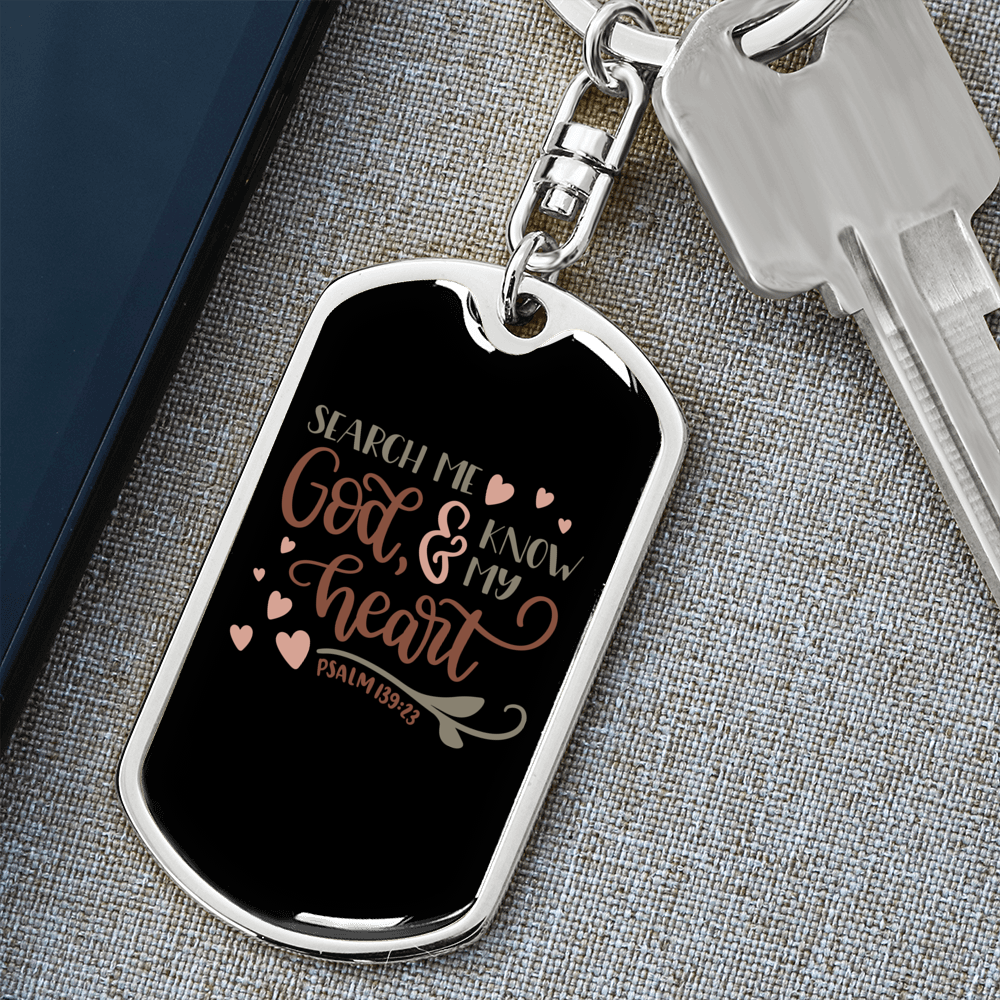 Search Me God Psalm 139:23 Keychain Stainless Steel or 18k Gold Dog Tag Keyring-Express Your Love Gifts
