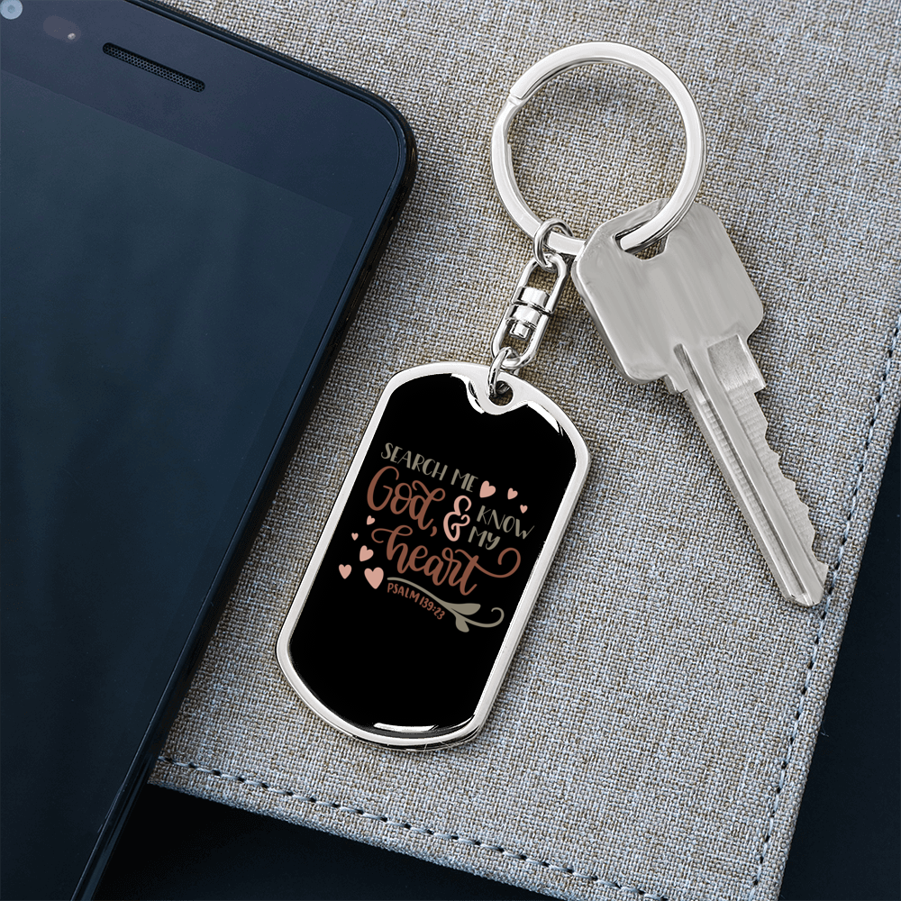 Search Me God Psalm 139:23 Keychain Stainless Steel or 18k Gold Dog Tag Keyring-Express Your Love Gifts