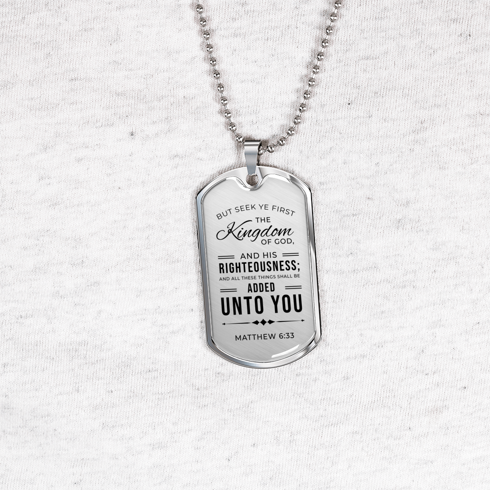 Seek God First Always Christian Faith Matthew Necklace Stainless Steel or 18k Gold Dog Tag 24" Chain-Express Your Love Gifts
