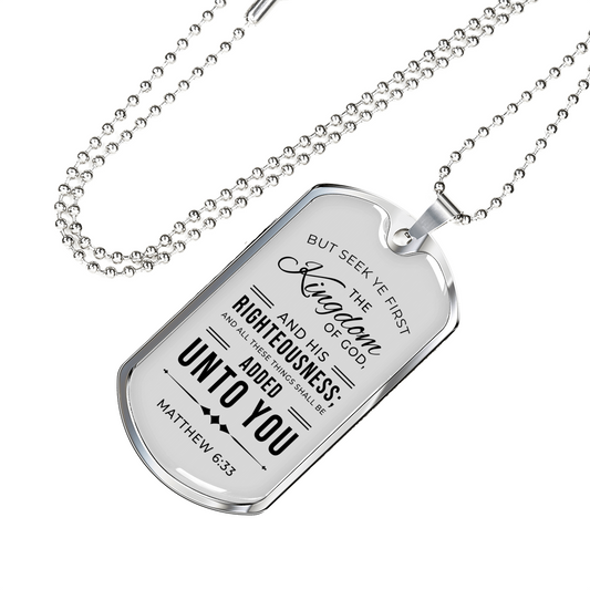 Seek God First Always Faith Gear Matthew Stainless Steel or 18k Gold Dog Tag Necklace w 24" Chain