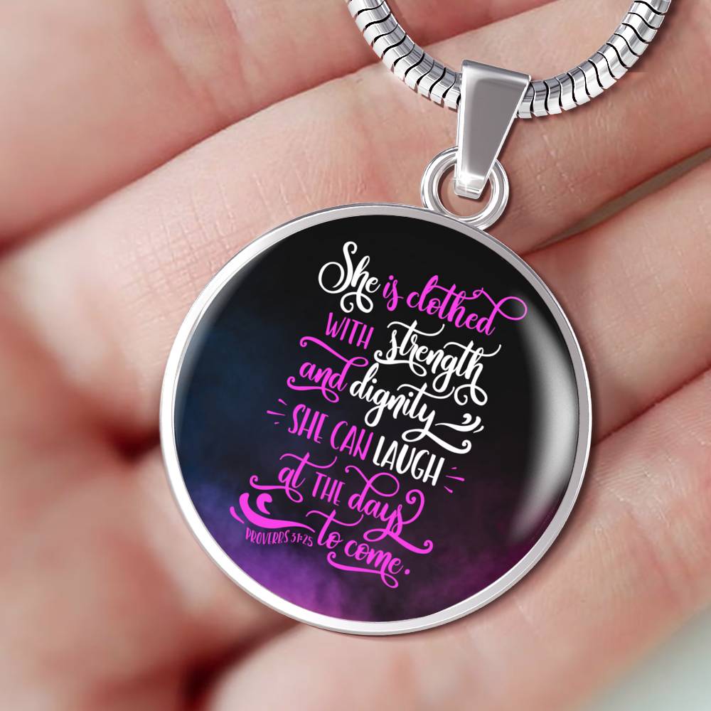 She Is Clothed With Strength Proverbs 31:25 Circle Necklace Stainless Steel or 18k Gold 18-22"-Express Your Love Gifts