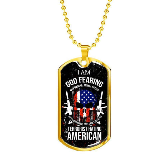 Skull Of Freedom Patriot Necklace Stainless Steel or 18k Gold Dog Tag 24" Chain-Express Your Love Gifts