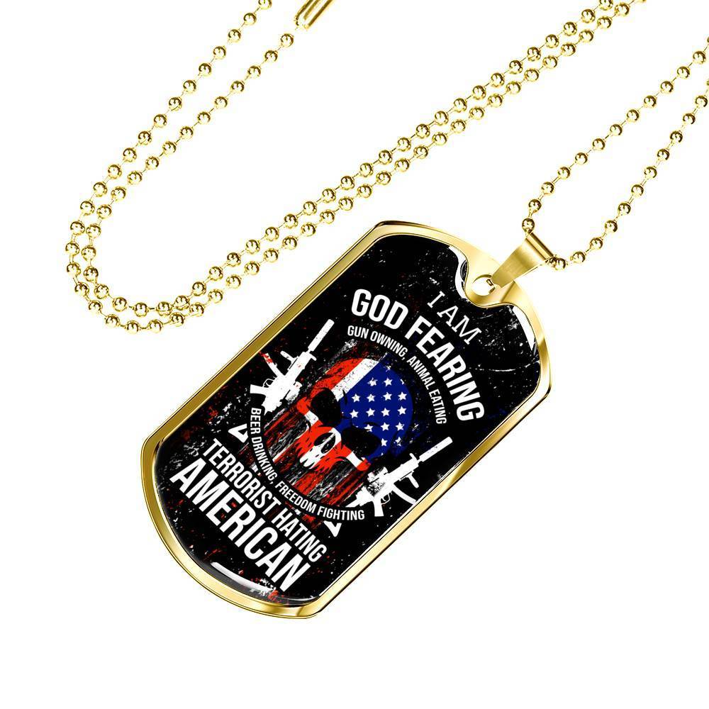 Skull Of Freedom Patriot Necklace Stainless Steel or 18k Gold Dog Tag 24" Chain-Express Your Love Gifts