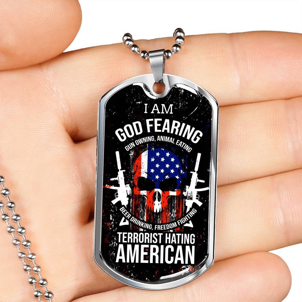 Skull Of Freedom Patriot Necklace Stainless Steel or 18k Gold Dog Tag 24" Chain-Express Your Love Gifts