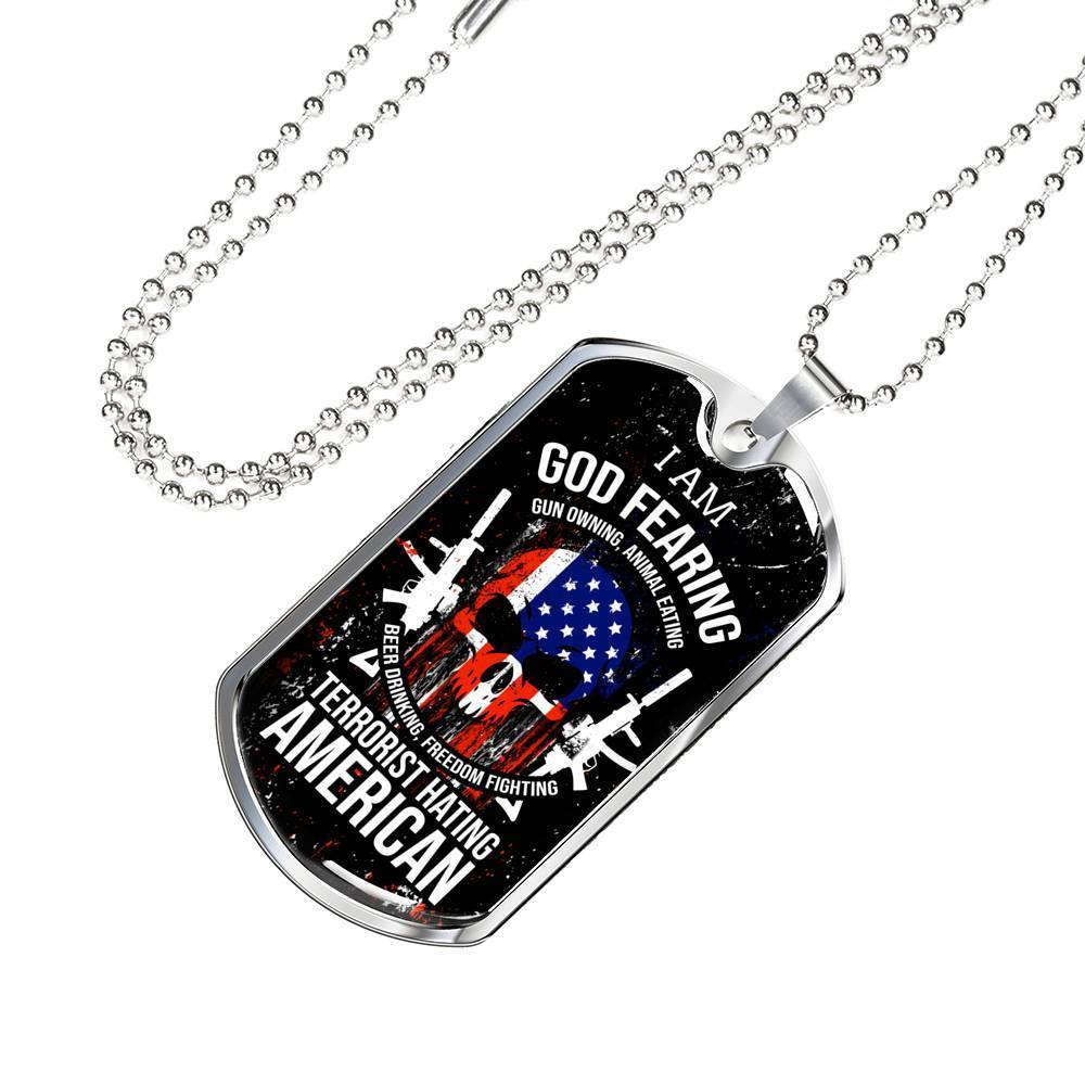 Skull Of Freedom Patriot Necklace Stainless Steel or 18k Gold Dog Tag 24" Chain-Express Your Love Gifts