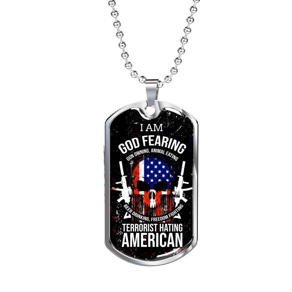 Skull Of Freedom Patriot Necklace Stainless Steel or 18k Gold Dog Tag 24" Chain-Express Your Love Gifts