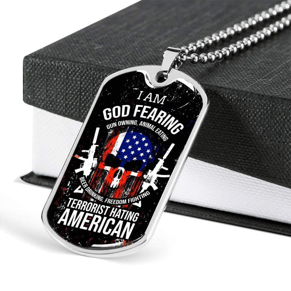 Skull Of Freedom Patriot Necklace Stainless Steel or 18k Gold Dog Tag 24" Chain-Express Your Love Gifts