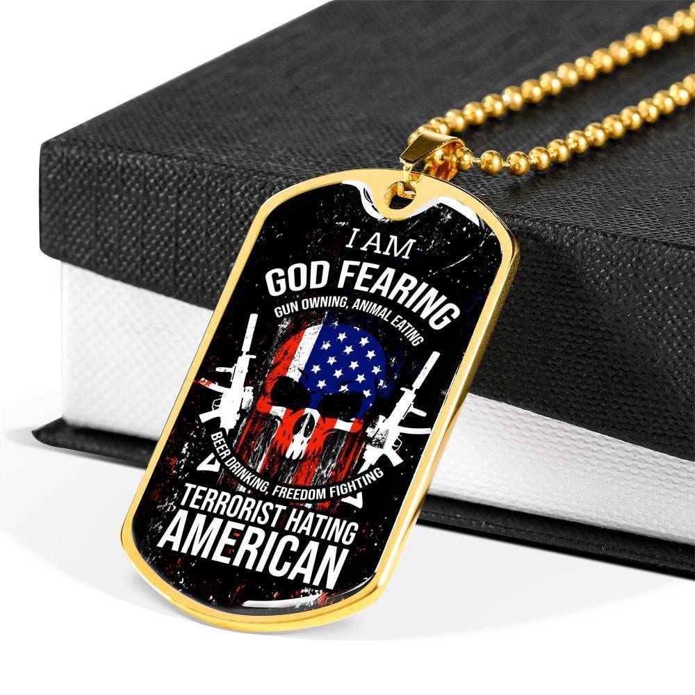 Skull Of Freedom Patriot Necklace Stainless Steel or 18k Gold Dog Tag 24" Chain-Express Your Love Gifts