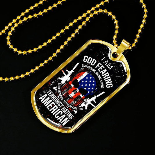 Skull of Freedom Patriot Necklace Stainless Steel or 18k Gold Dog Tag 24" Chain