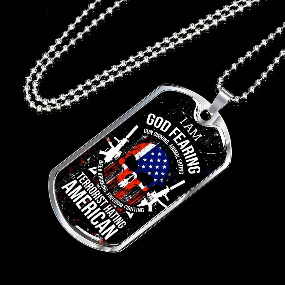 Skull Of Freedom Patriot Necklace Stainless Steel or 18k Gold Dog Tag 24" Chain-Express Your Love Gifts