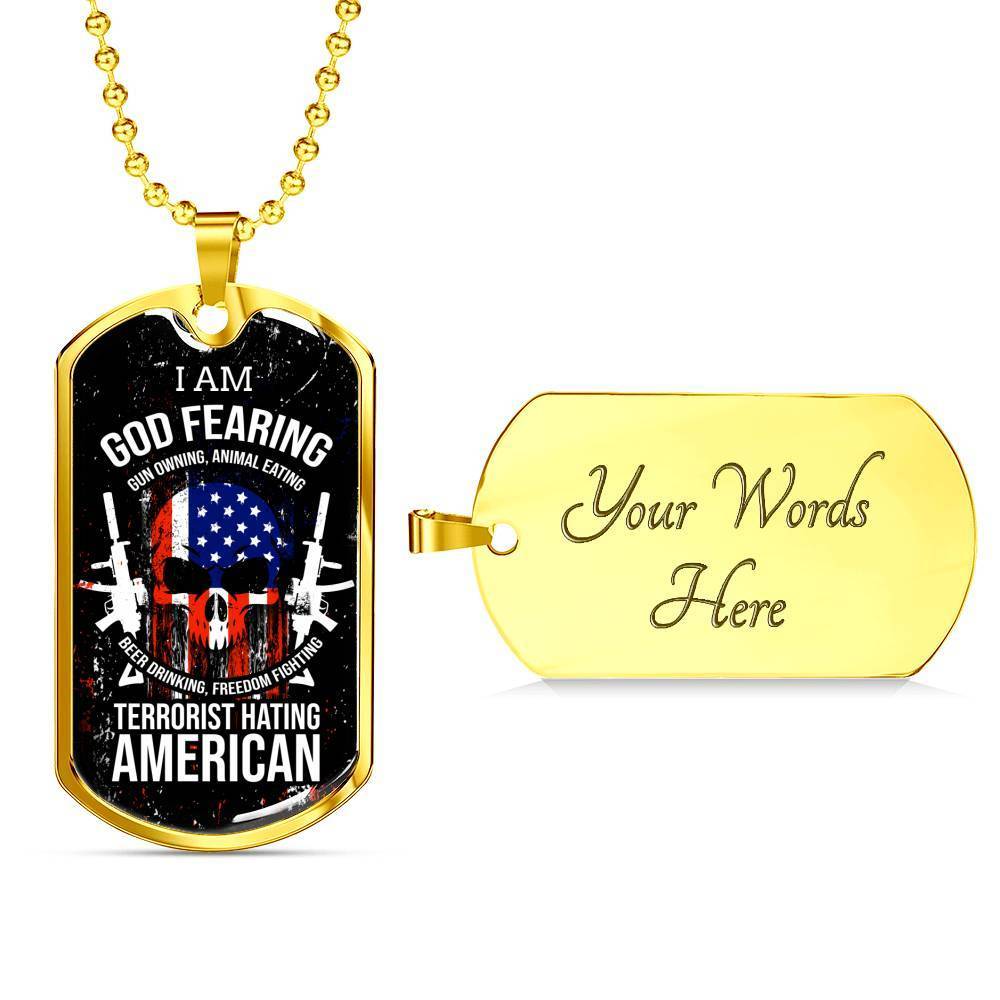 Skull Of Freedom Patriot Necklace Stainless Steel or 18k Gold Dog Tag 24" Chain-Express Your Love Gifts