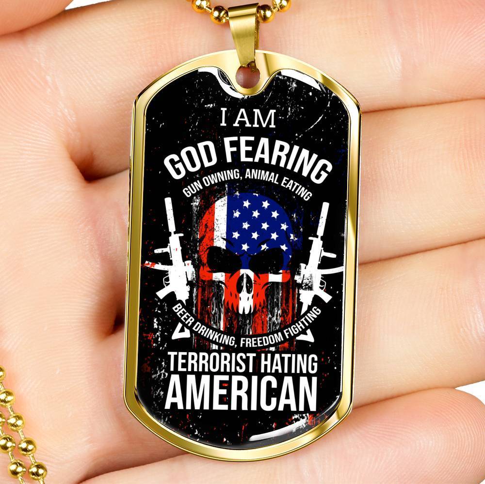 Skull Of Freedom Patriot Necklace Stainless Steel or 18k Gold Dog Tag 24" Chain-Express Your Love Gifts