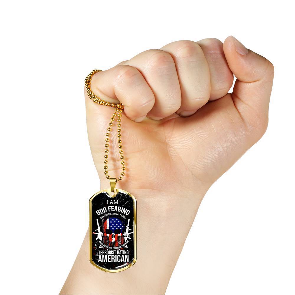Skull Of Freedom Patriot Necklace Stainless Steel or 18k Gold Dog Tag 24" Chain-Express Your Love Gifts
