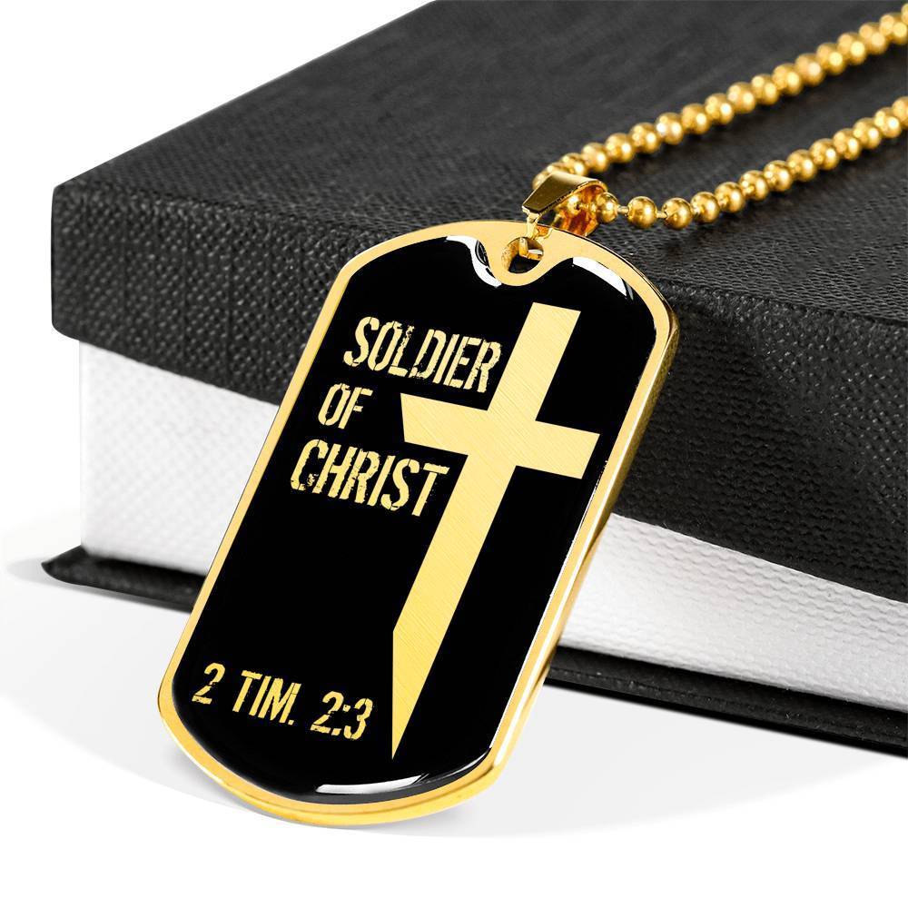 Soldier Of Christ Stainless Steel or 18k Gold Dog Tag 24" Chain - Express Your Love Gifts