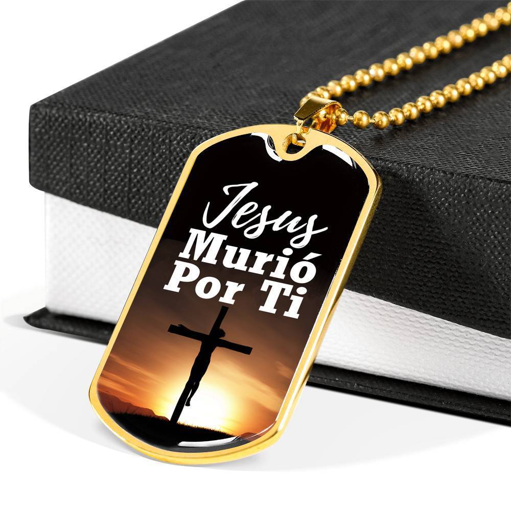 Spanish Christian Gift Jesus Died For You In Spanish Necklace Stainless Steel or 18k Gold Dog Tag 24" Chain-Express Your Love Gifts