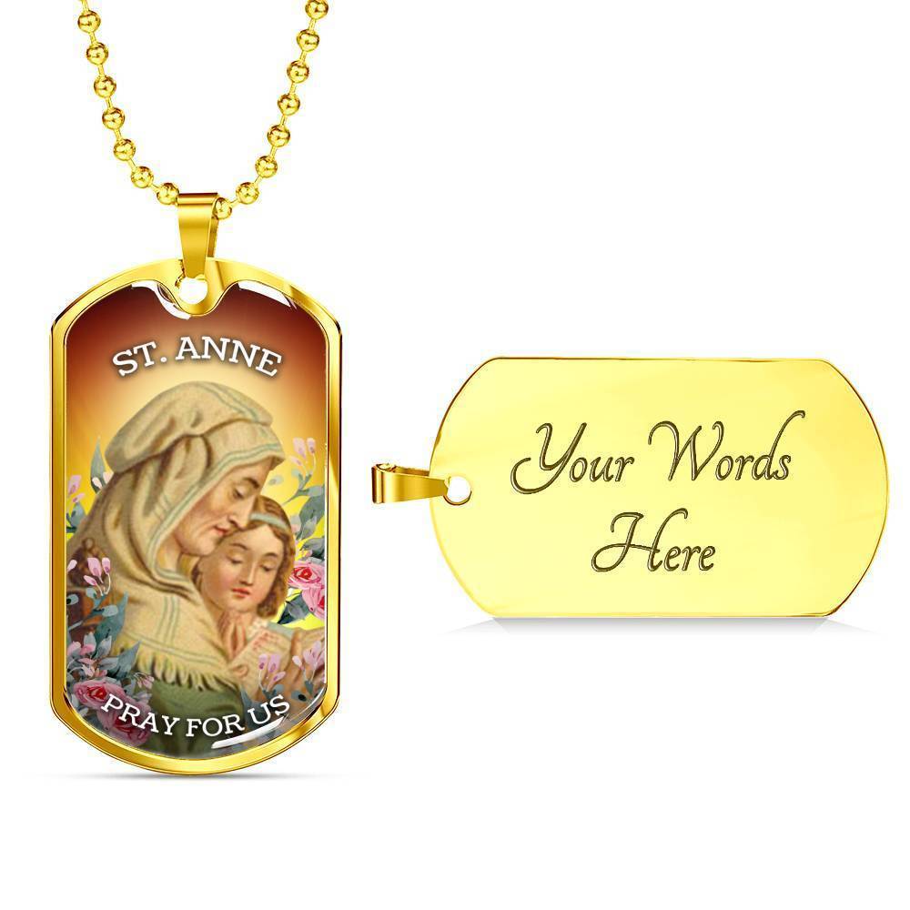St. Anne Catholic Necklace Stainless Steel or 18k Gold Dog Tag 24" Chain-Express Your Love Gifts