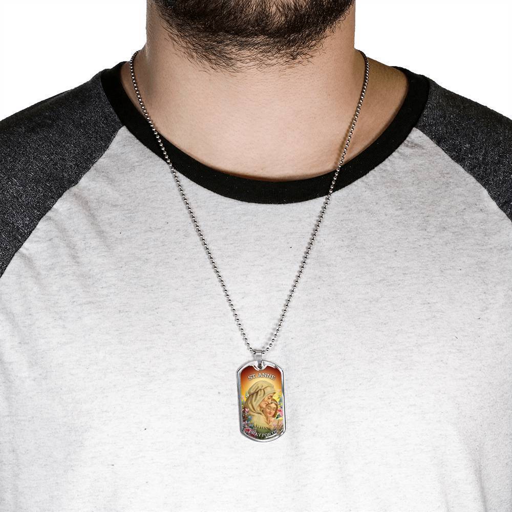 St. Anne Catholic Necklace Stainless Steel or 18k Gold Dog Tag 24" Chain-Express Your Love Gifts