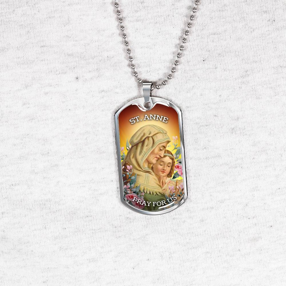 St. Anne Catholic Necklace Stainless Steel or 18k Gold Dog Tag 24" Chain-Express Your Love Gifts