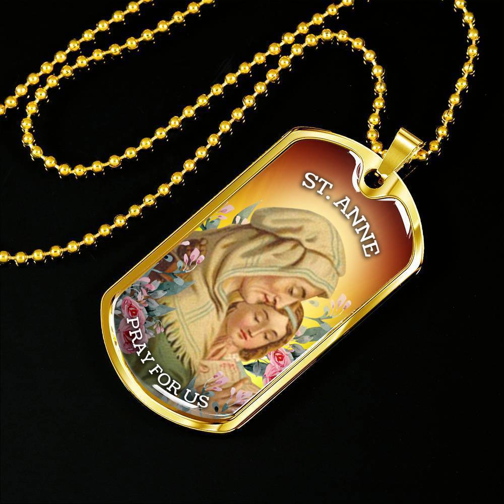 St. Anne Catholic Necklace Stainless Steel or 18k Gold Dog Tag 24" Chain-Express Your Love Gifts