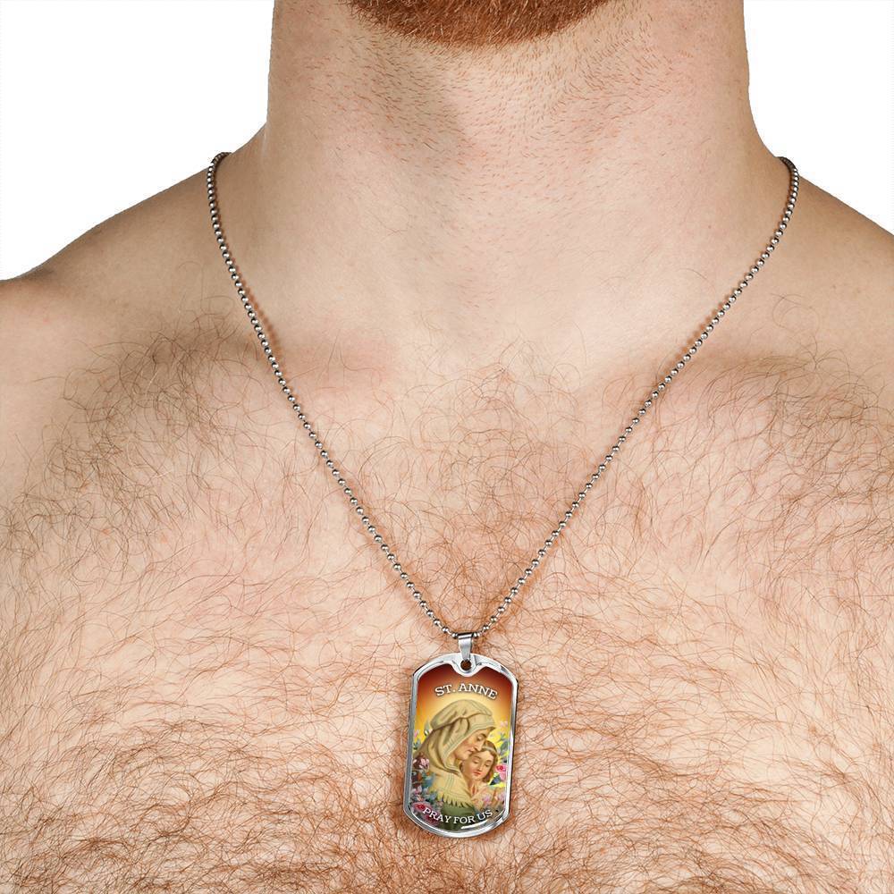 St. Anne Catholic Necklace Stainless Steel or 18k Gold Dog Tag 24" Chain-Express Your Love Gifts